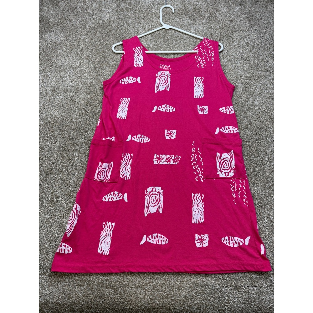 Island Beach Womens Pink Tribal Fish Print Sleeveless Shift Dress Pockets M - Picture 10 of 11
